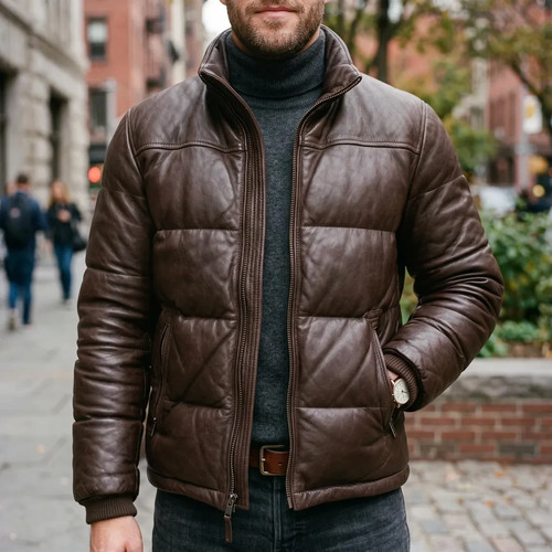 Men brown leather puffer - brown,