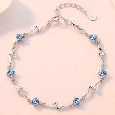 925 Sterling Silver Crystal Stone Linked Charm Bracelet Women Jewellery Gift UK
