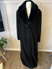 Jacques Vert Black Maxi Coat Size 18 Wool Cashmere Blend Faux Fur Collar Lined