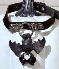 3D Printed Black Hanging Bat Faux Leather Choker Necklace Burlesque Goth Vampire