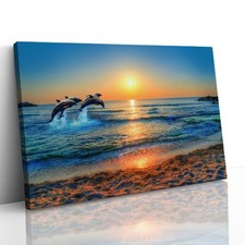 Dolphin Jumping in Thai Sunset Canvas Framed Print Picture Wall Art
