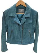 Lakeland Fine Leather Suede Biker Jacket Teal Size 14 Zip Pockets