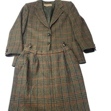 DAKS Skirt Suit Set Plaid Vintage Wool Blazer Brown Womens UK 10