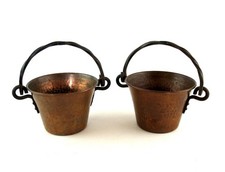 2  Stockli Netstal Hammered Copper Pot Planter Wrought Iron Handles 3.25"