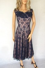 Vintage 50's lace dress, navy blue light pink, evening prom cocktail, small 