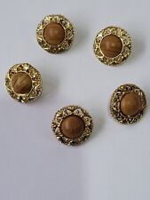 Buttons, 5 Gold Coloured Round Shank Buttons With Wood Effect Middle
