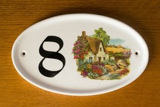 Bone china house number plaque, No 8, rustic country style, very good condition