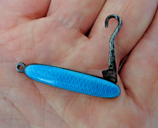 VICTORIAN CHATELAINE BLUE GUILLOCHE ENAMEL & SILVER MOUNTED SMALL BUTTON HOOK