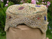 Vintage Sindhi Ajrak topi / cap, embroidery, bead, mirror, Pakistan/ Afghanistan