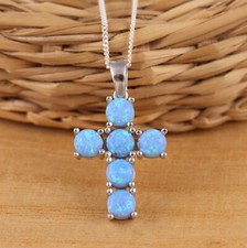 Solid 925 Sterling Silver Blue Opal Cross Pendant Necklace Chain Gift Boxed