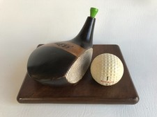 Novelty Golf Club and ball Desk Paperweight on mahogany base
