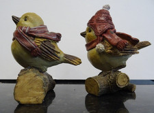 Pair Resin Birds in Hat / Scarf on Logs Christmas Decorations Ornaments 10cm