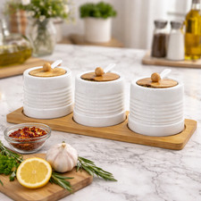 Set of 3 Ceramic Jars Bamboo