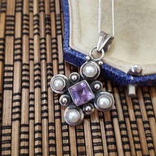 Vintage 925 Sterling Silver Earrings, Mabe Pearls And Rose De France Amethyst 