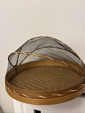 Vintage Bamboo Tent Picnic Basket Tray with Foldable Net Mesh Cover Round Server