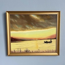 Vintage Framed Mid-Century Oil On Board Boat Painting, Signed Sail Boat Ship