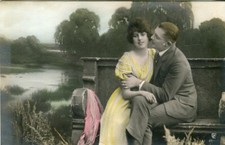 Romantic couple bench lake