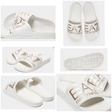 EA7 Emporio Armani White/Gold Contrast Logo Sliders Sandals Size UK 8/EUR 42