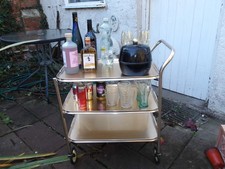 Vintage Three-Tier Gold Coloured Tea Trolley Hostess Trolley Lift Off Top Tray
