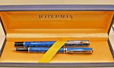 Vintage Waterman Paris Fountain & Ball Pen Set Blue Marble Lacquer & Gold Ideal