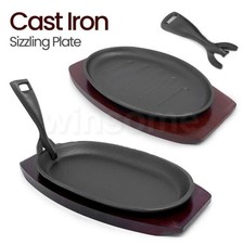 5 set Cast Iron Sizzler Hot Serving Steak Plate Pan Grill Dish and Wooden Tray