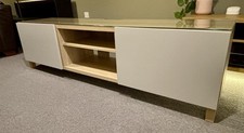 Ikea Besta TV bench 180cm white stained oak effect, incl glass top, support legs
