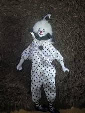 ​Vintage Porcelain Clown Jester Doll 80s 90s Black White Polka Dot Satin Outfit