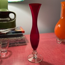 Ruby Red slim bud vase with Clear foot 20 cm tall with waist and flared top