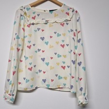Sugarhill Boutique Blouse Size 10 Heart Print Ruffle neckline and cuffs 