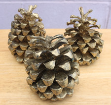 3 Real Large Gold Sprayed Pine Cones Free P&P Mainland UK 9cm high approx