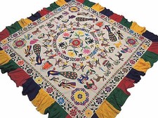 Ivory Bohemian Peacock Embroidery Tapestry  Kutch Vintage Wall Hanging 85"x81"