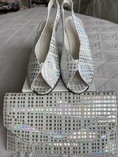 SABRINA CHIC LEATHER SILVER CUBE STILLETO SLING BACKS + MATCHING CLUTCH