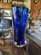 Vintage 1980s Large Dartington Glass Vase In Cobalt Blue With Clear Flared Base