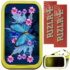BLUE BUTTERFLY SMOKING SET, GOLD 1oz TOBACCO TIN, 2 X RIZLA PAPERS & FILTERS