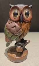 Vintage Wood Wooden Owl Carved on Perch Statue Figure Prop Retro Art Birds Owls