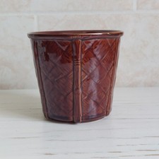 Vintage Churchill Planter Plant Pot Brown Bamboo Woven Ceramic Glazed Small 10cm