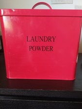 metal storage box with lid red with black " laundry powder" inscription