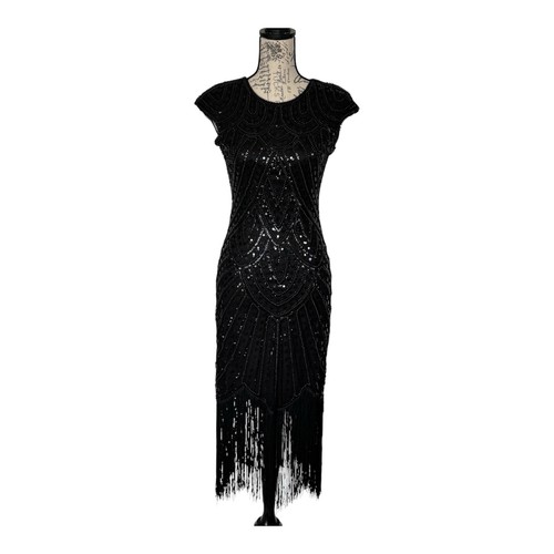 Black beaded sequin fringe - black,