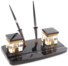 Stylish Art Deco Black Glass Desk Stand with Inkwells and Original Pens