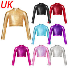 UK Girl Sparkly Sequins Jazz Hip Hop Modern Dance Crop Tops Vest Metallic Shirts