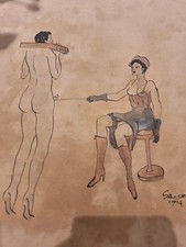Vintage Erotic Signed 1914 Art Work Femdom/ Fetish Erotic Nude