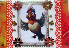 Funky Flying Chicken Hand Crafted Decoupage Card - Blank any Occasion (2777)