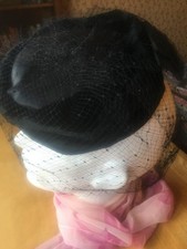 Vintage 1950s 1960s black pill box hat with net trim and bow velvet and satin 