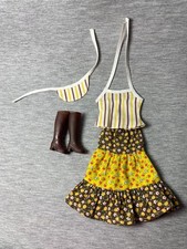 Mixed set lot clothes brown yellow floral skirt Sindy boots top cap fit 12" doll