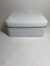 Pandora White Travel Jewelry Box Embossed Floral Gold Zipper Gray Lining (E13)