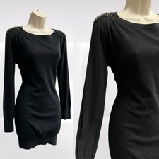 M&S Top 12 Black Knit Fine Tunic Long Jumper Sweater Goth Angora Beaded Dress