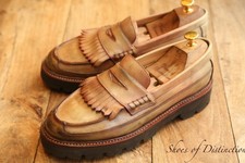 Grenson One Tan Beige Leather Fringed Shoes Loafers Mens UK 8 E US 9 EU 42