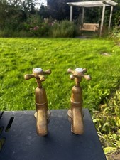 ANTIQUE BRASS BATH HOT & COLD KITCHEN SINK BASIN CROSS HANDLE TAPS OLD VINTAGE