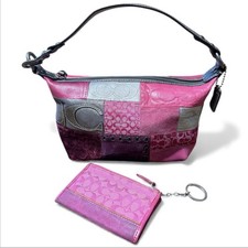 Coach Hand Bag Signature Patchwork Pouch Pink y2k W/ Keychain Card Holder