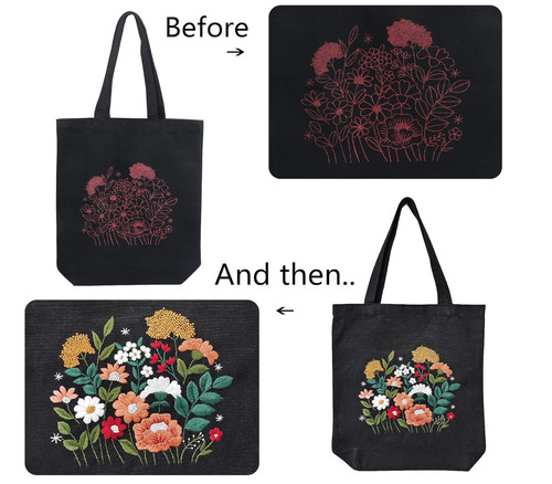 Flowers embroidery kit - kit, tote